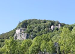 Mountains and historical buildings.