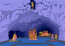 Colorfu illustration of a Roman grotto