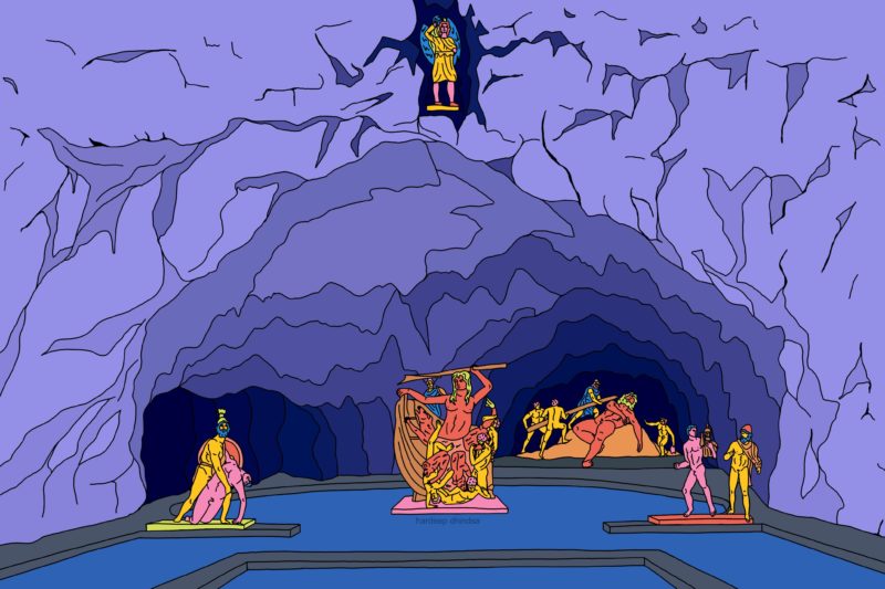 Colorfu illustration of a Roman grotto