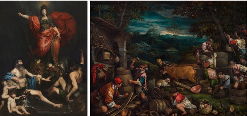 Kuva Valentin de Boulogne (1591–1632): Italian allegoria - teoksesta sekä Jacopo Bassano (n. 1515–1592): Syksy-teoksesta n. 1576–77