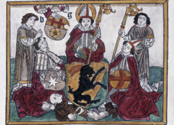 puupiirros jossa Pyhä Henrik ja muita miehiä