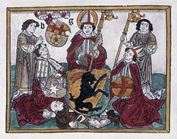 puupiirros jossa Pyhä Henrik ja muita miehiä