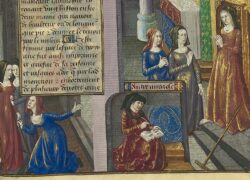 Kuva keskiaikaisista naisista ja kirjurista