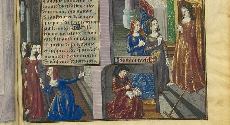 Kuva keskiaikaisista naisista ja kirjurista